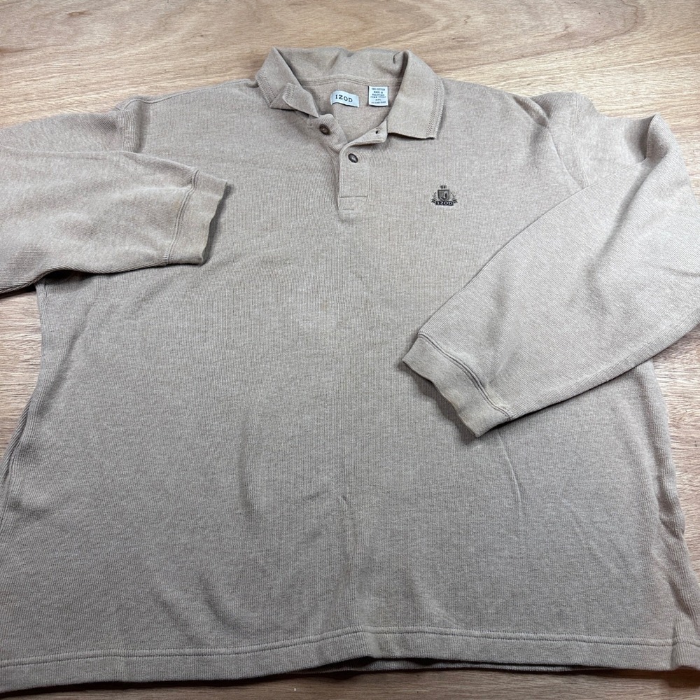 IZOD Men's XXL Heavyweight Knit Polo Sweater Beige Tan Long Sleeve Cotton